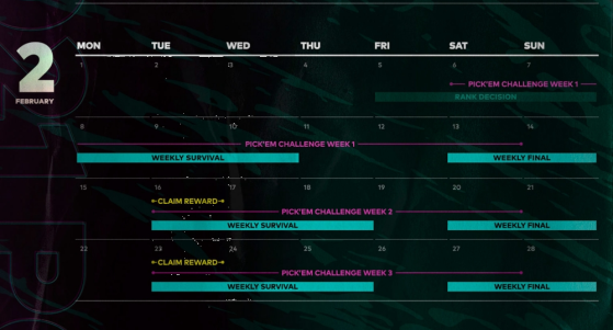 PGI.S February Schedule showing Weekly Survival and Weekly Final layout - PUBG