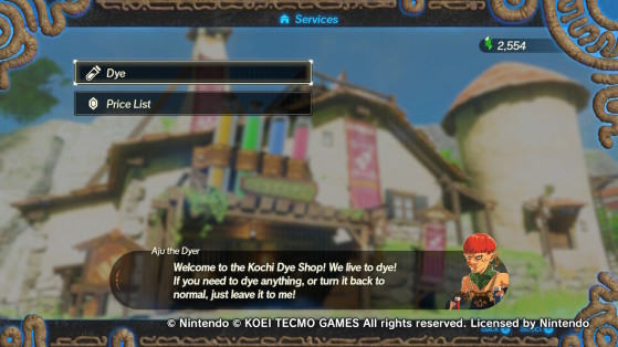 The Hochi Dye Shop menu interface. - Hyrule Warriors: Age of Calamity