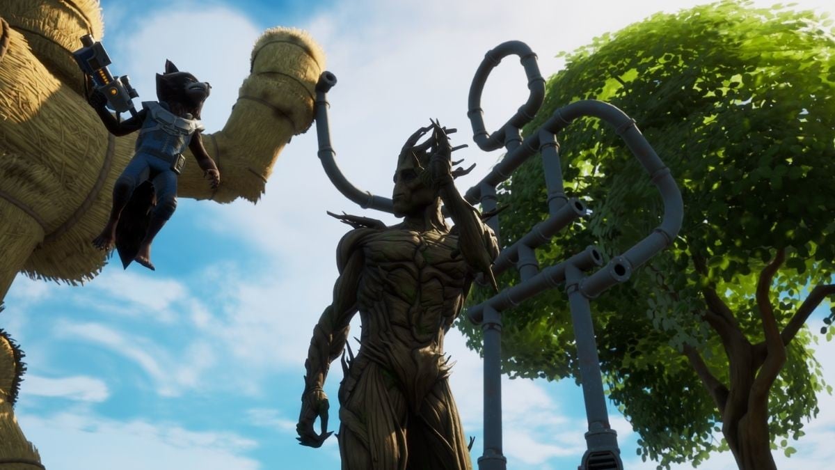 Fortnite Emote as Groot at a Friendship Monument, Groot Awakening
