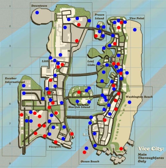 Blue dots indicate packages hidden on ground level,  red dots indicate packages hidden at height. - GTA: Vice City