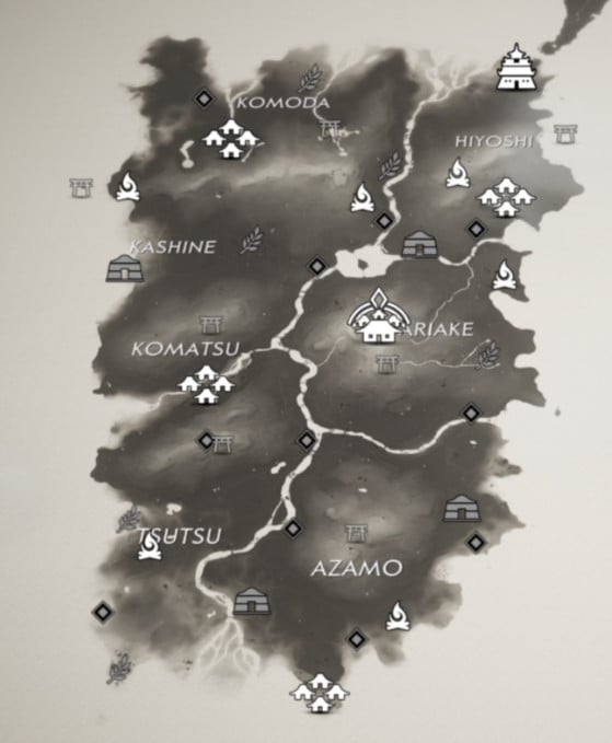 Survivor's camps marked with campfire icons. - Ghost of Tsushima