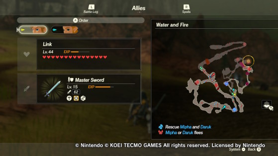 Mipha's location on the map in the Water and Fire mission in Hyrule Warriors: Age of Calamity. - Hyrule Warriors: Age of Calamity