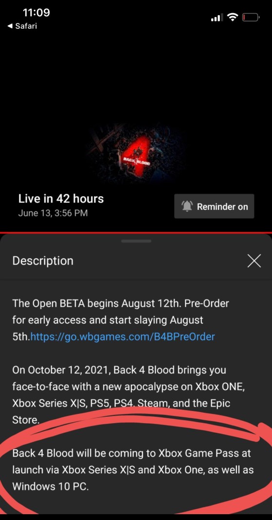 The Back 4 Blood description on YouTube - Millenium