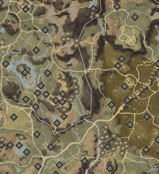 Gold Ore Locations in Brightwood. - New World
