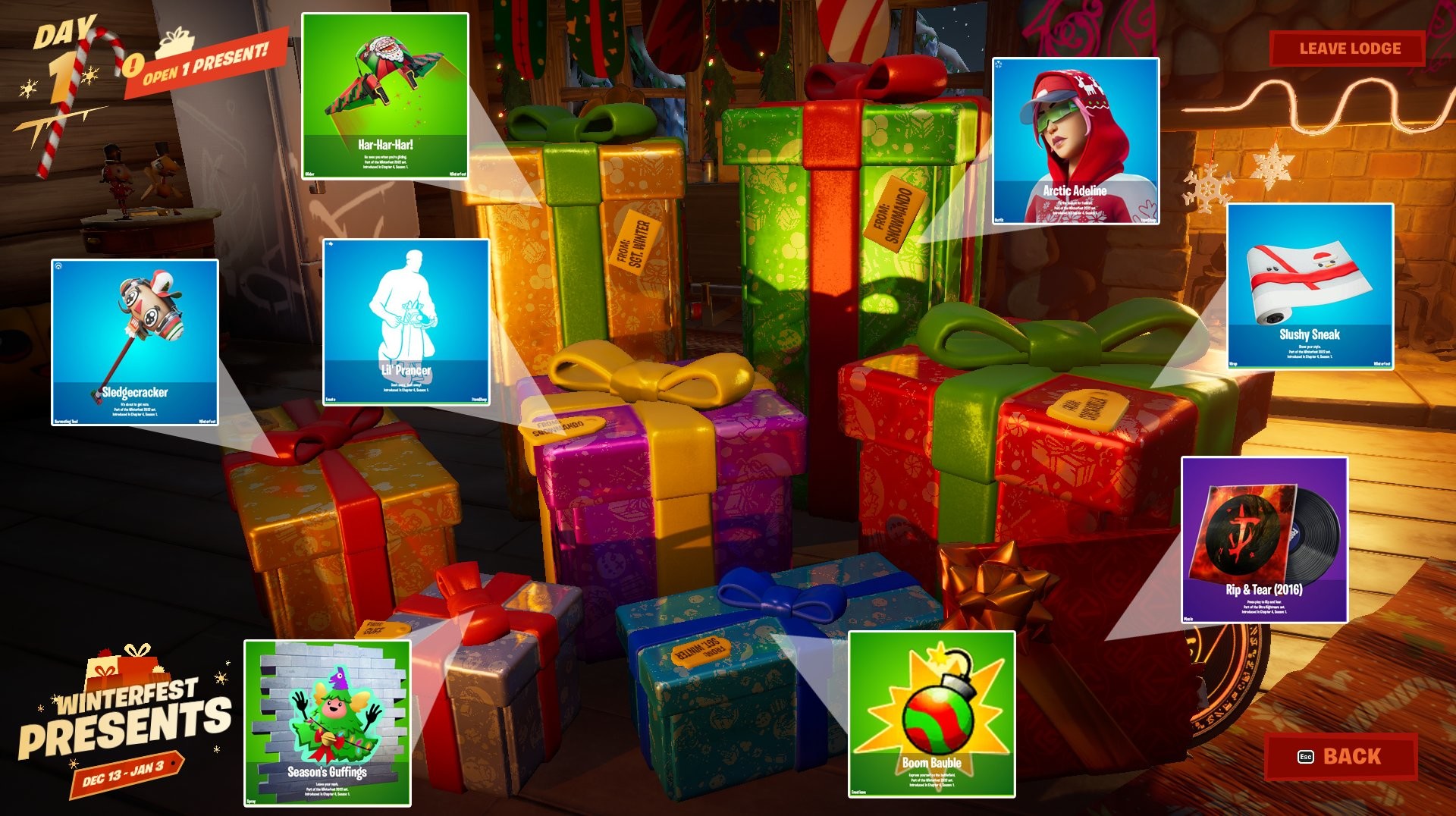 Fortnite Winter gifts 2022 at the cozy chalet, which object is in which package? Millenium